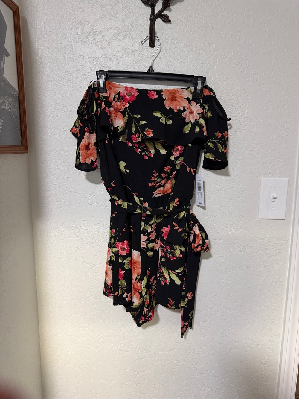 Floral Off-Shoulder Black Romper with Tie Waist